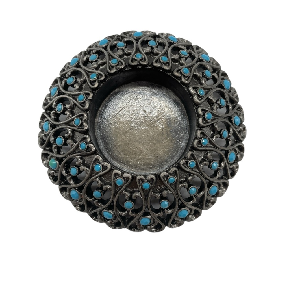 Candle Holder Tea Light Votive Metal Silver-tone Turquoise Colored Beads NEW